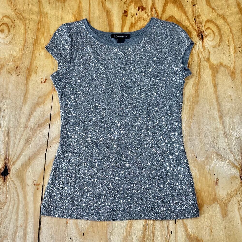 Inc International Concepts Silver Sequin Short Sleeve Top - Size S